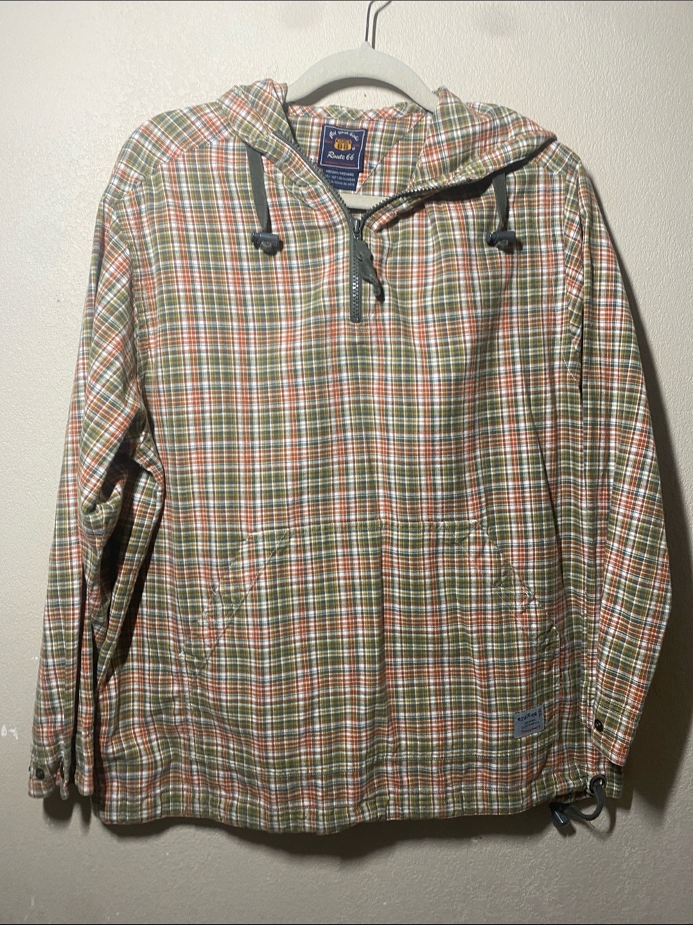 Route 66 Plaid Hooded Cotton Jacket - Green/Orange Plaid